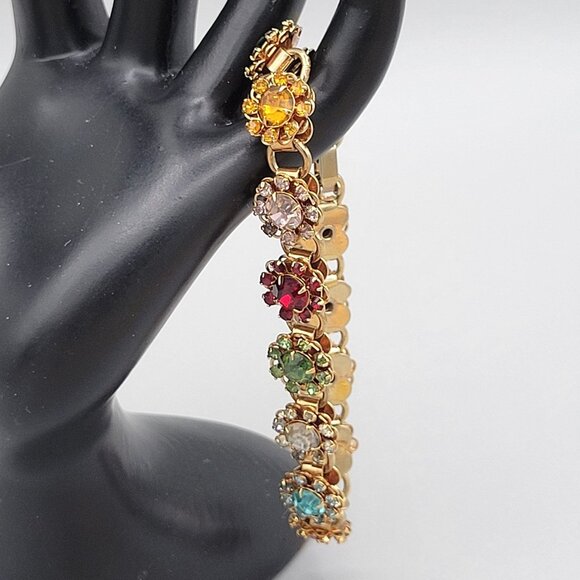 Vintage Gold Tone Tourmaline Stone Flower Link Bracelet Fold Over Clasp - Picture 3 of 8